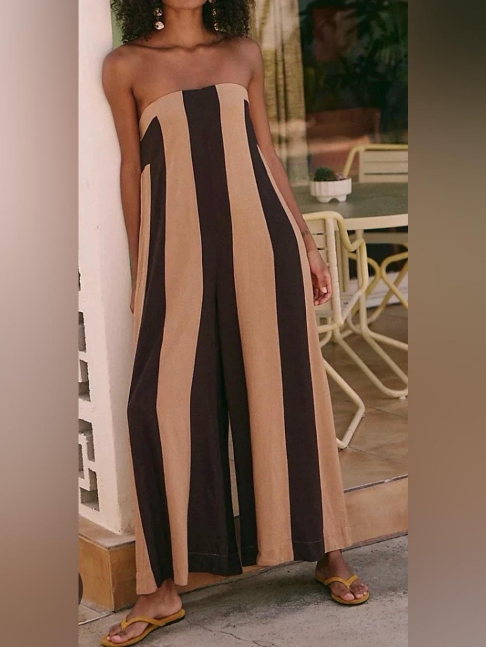 Free People Eden Jumpsuit Women's Brown Stripe Strapless Wide Leg Pockets Size S